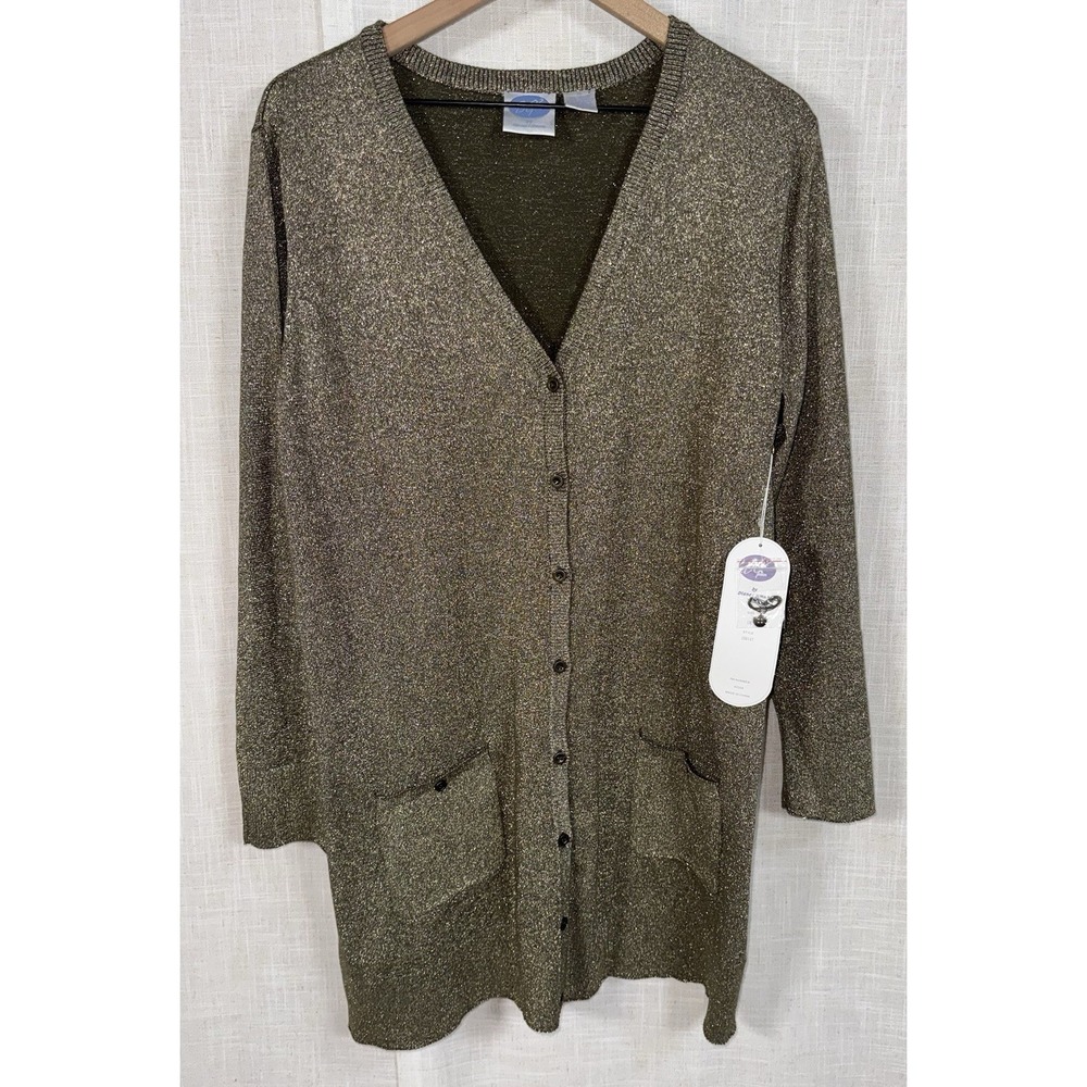NWT DG2 Diane Gilman Gold Metallic Knit V-Neck Cardigan Sweater Women's 1X‎